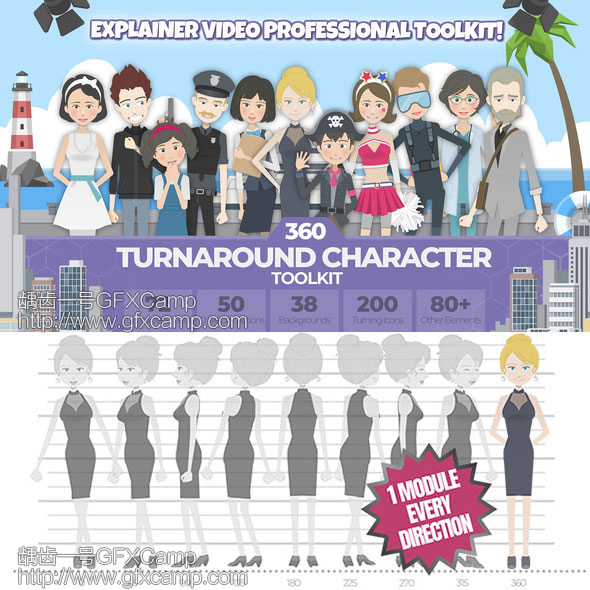 ae模板-360度可旋转卡通人物男女小孩角色场景mg动画素材包v2.03